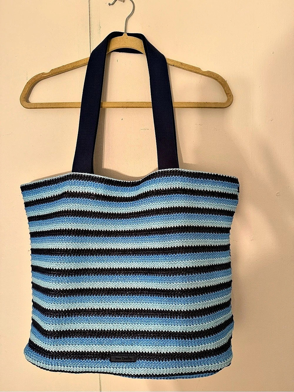 Vera Bradley Outlet Straw Vera Tote Bag in the striped "Wave Stripe" pattern